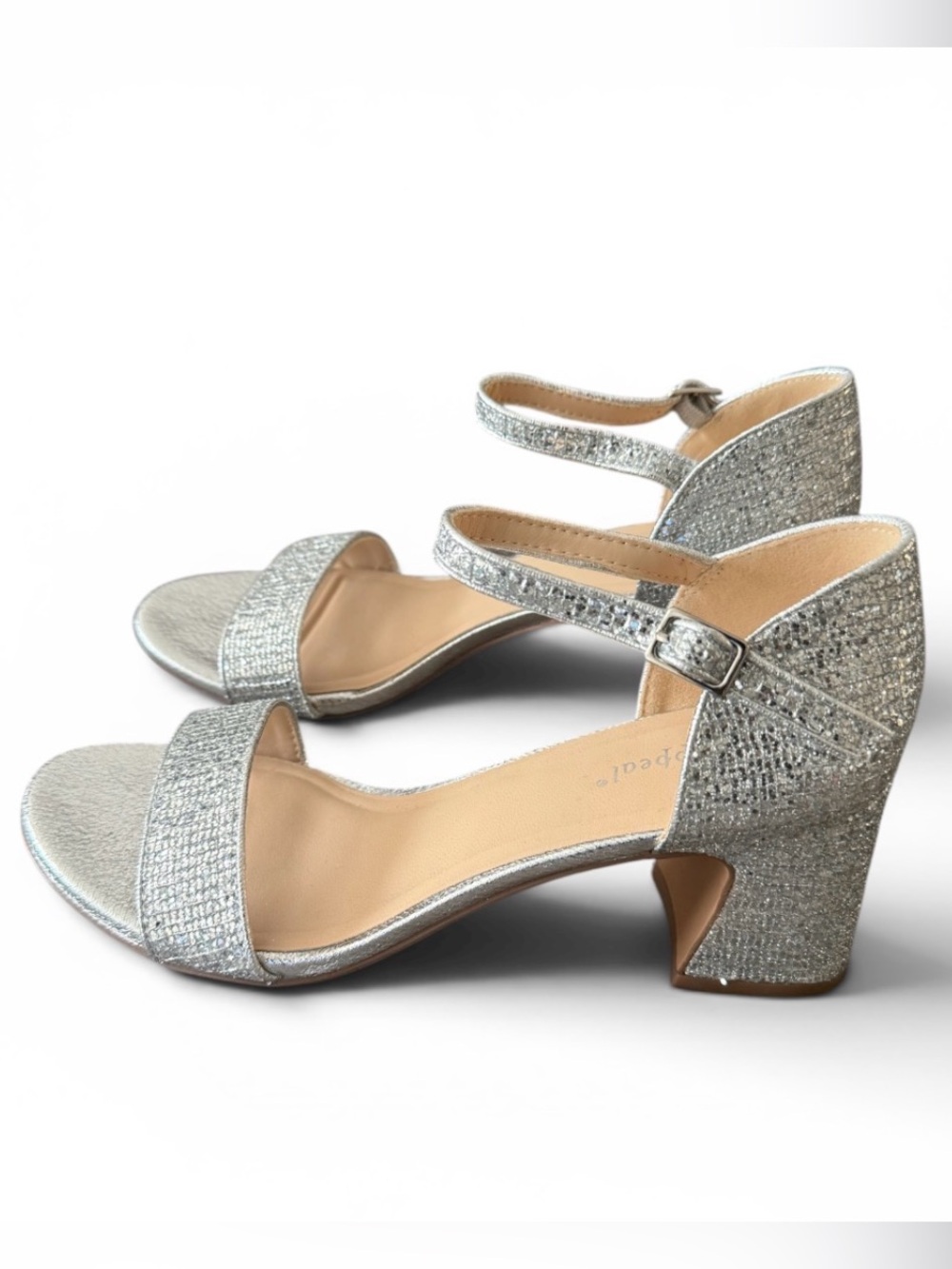 Xappeal Silver Glitter Block Heel Sandals with Ankle Strap Size 8